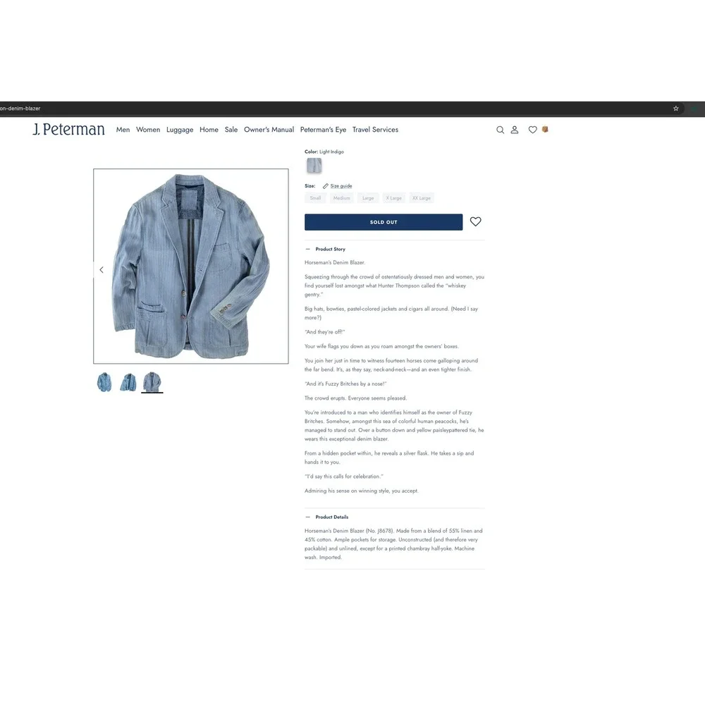 J. Peterman Horseman's Denim Jacket Men Large Light Indigo Linen Cotton J8678